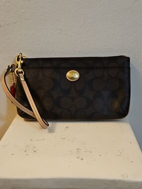 Coach Black Signature Brown Canvas Wristlet with Neutral Strap and Gold Hardware